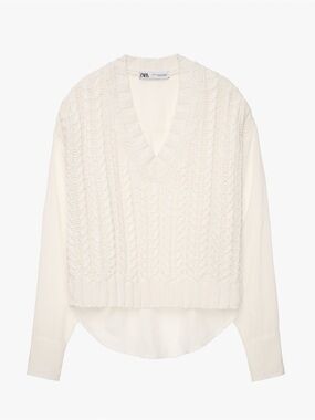 NWT- Zara Cream Cable-Knit V-Neck Layered Sweater